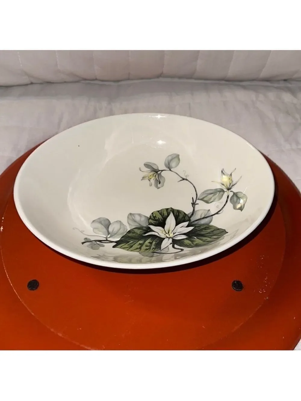 Oval Shaped Floral White Green Yellow Silver Deep Dish